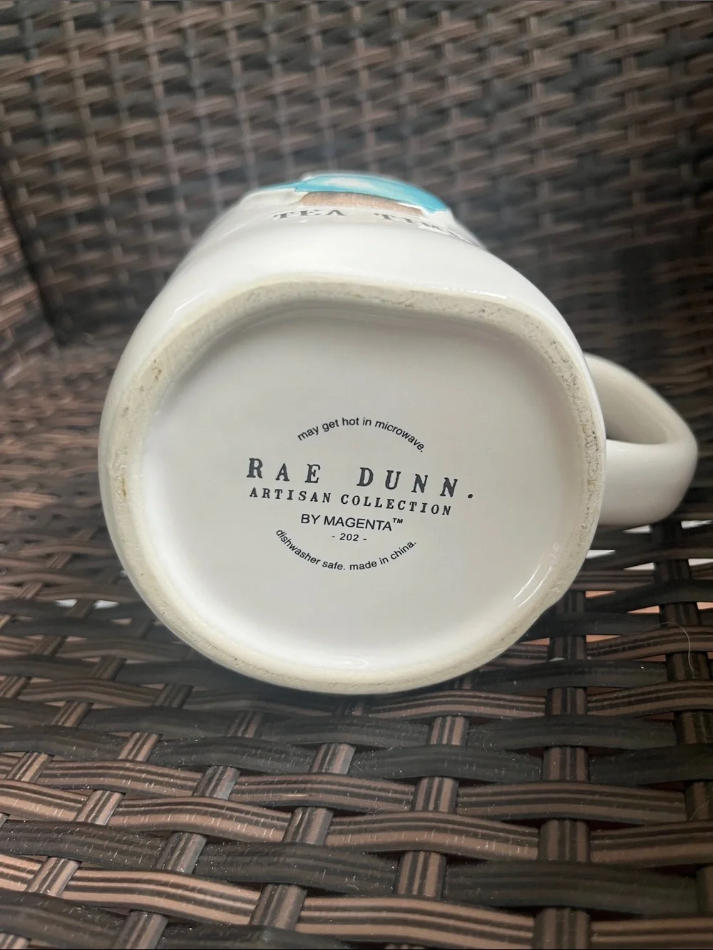 Rae Dunn White Ceramic Mug with Blue Teapot Graphic